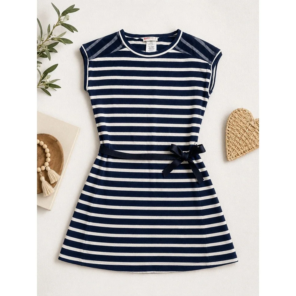 Crewcuts‎ J.Crew Girls Navy Blue White Striped Bow Dress Size 8 Mesh Shoulder